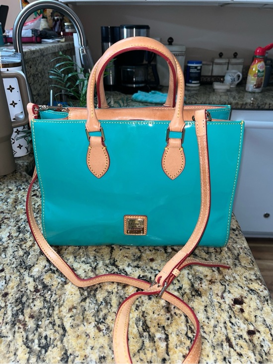 Dooney & Bourke Handbags - EUC Dooney & Bourke Janine Dark Teal Patent Leather Satchel with Tan Trim